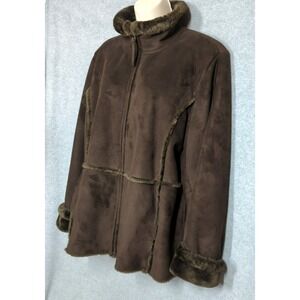 Faux Suede Coat Jacket Women XL Chocolate  Brown Faux Fur Lining Timeless Cozy